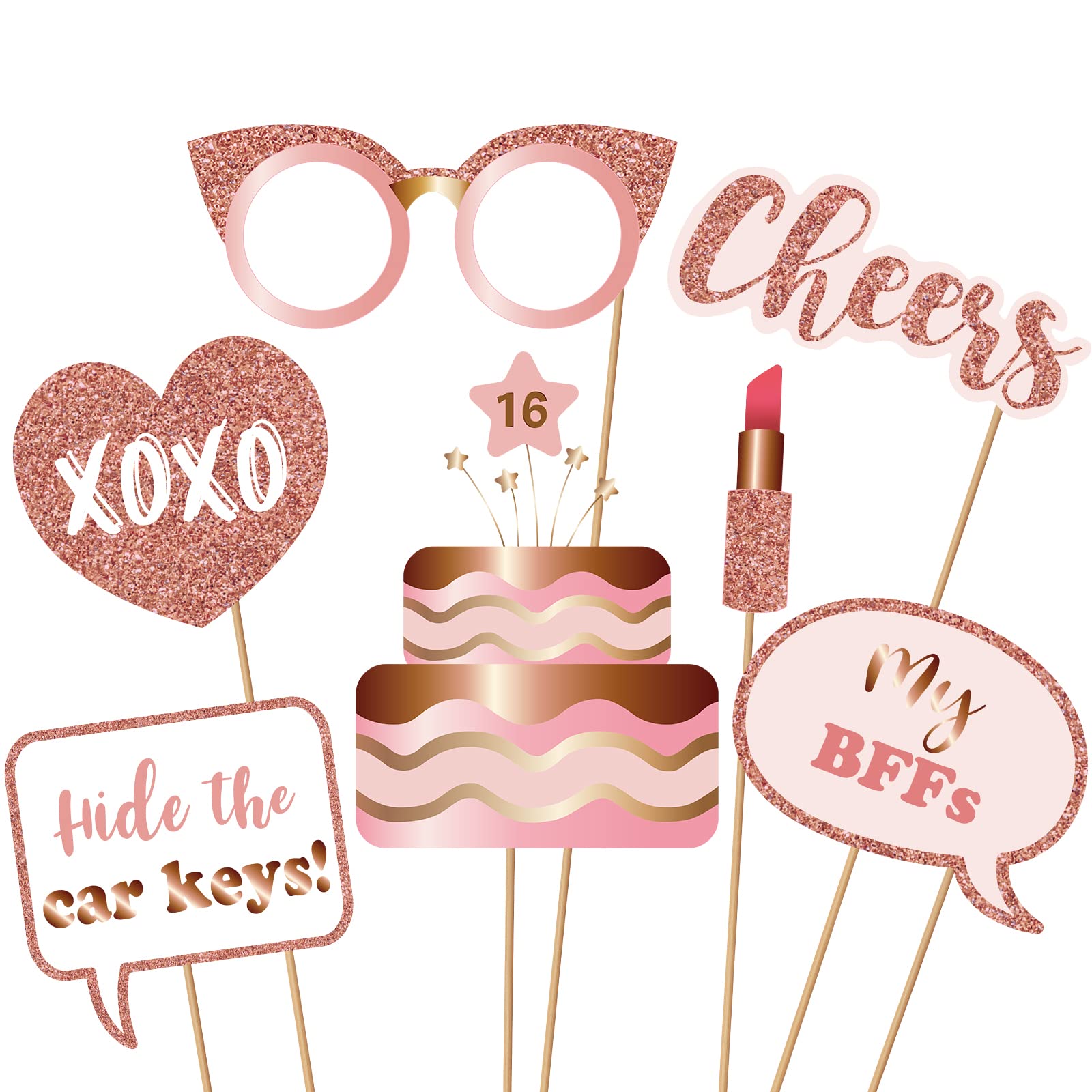 16Th Birthday Party Photo Booth Props And Signs, Rose Gold 16 Birthday Party Selfie Props Kit With Sticks For Girls Women, Sweet